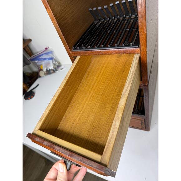 Vintage Library Card Catalog Pair Set Lot Of 2, Stackable Wood Brass Cabinet - Picture 4 of 10